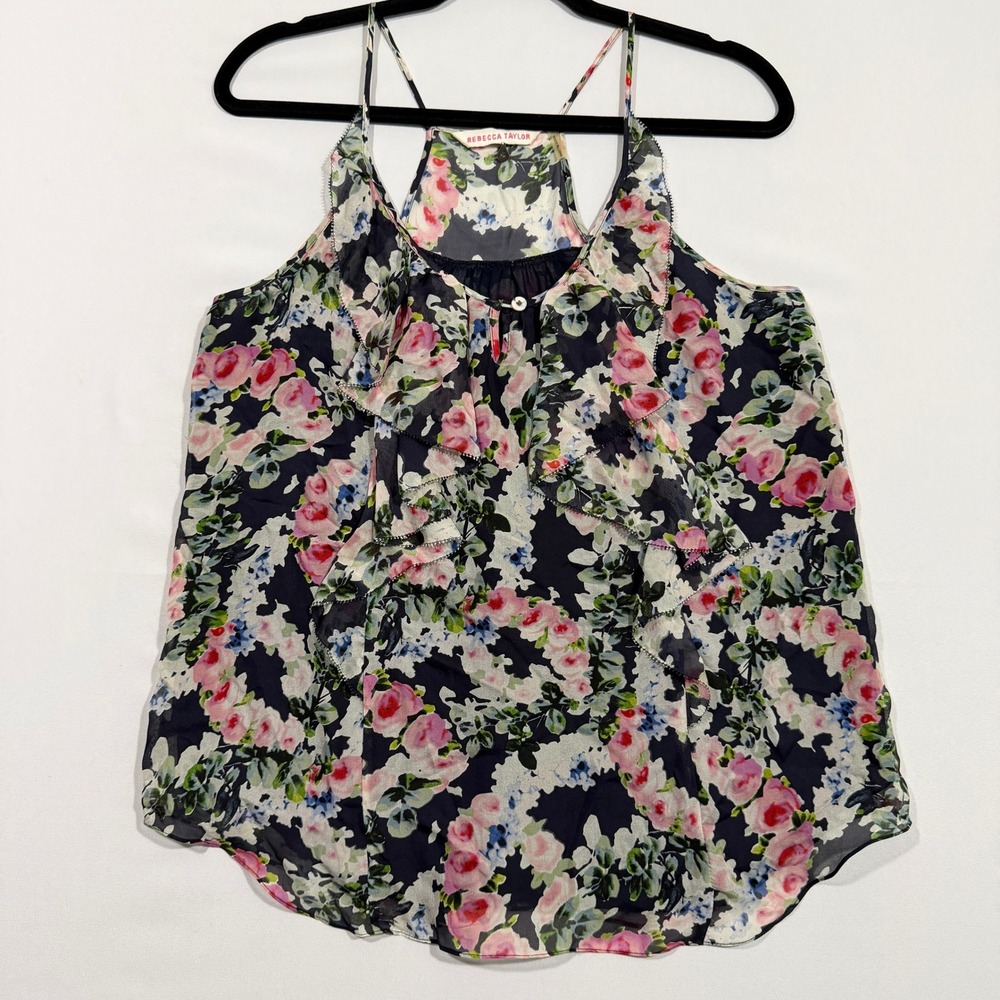 Rebecca Taylor Cami 4 Womens 100% Silk Navy Floral Ruffle Coquette Fairycore